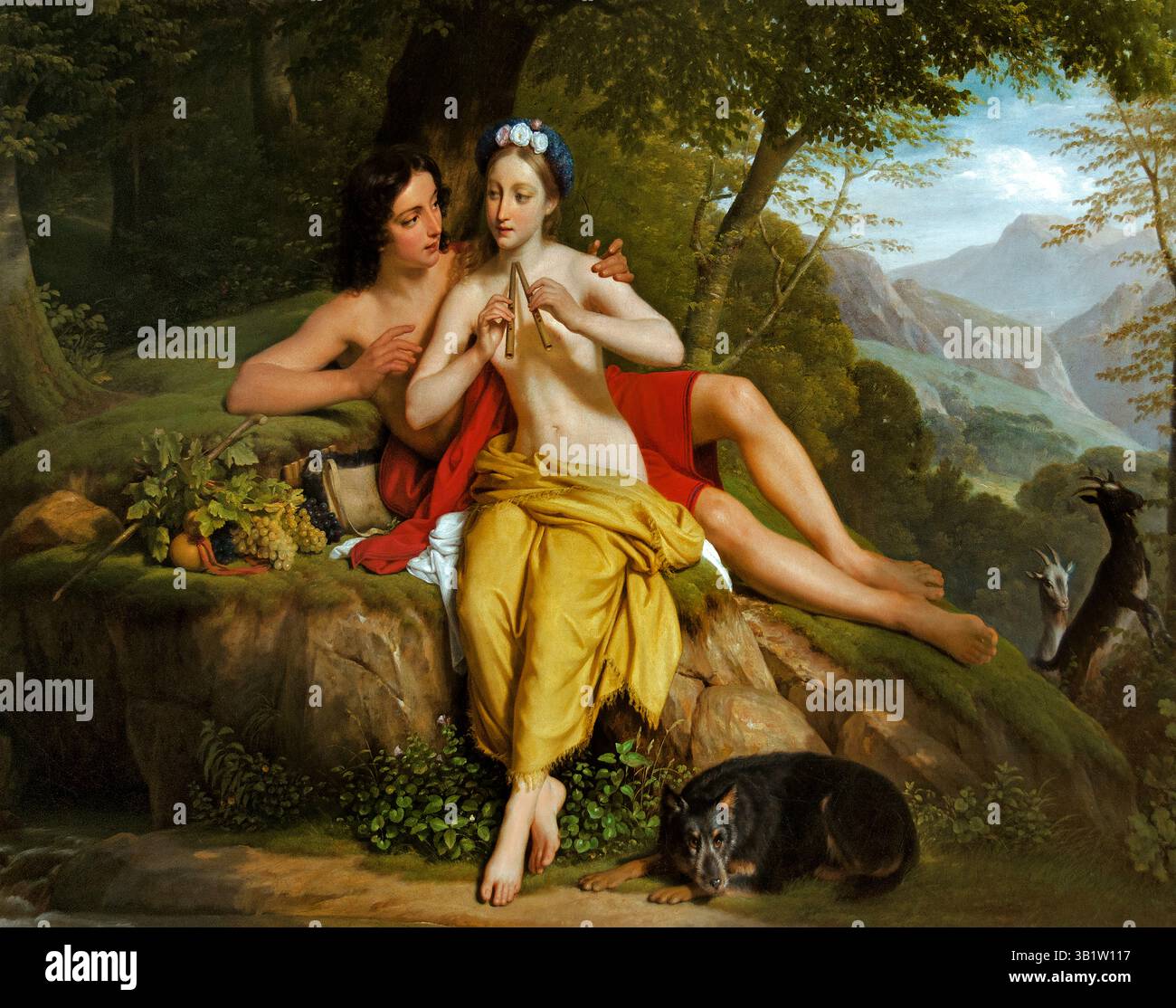 Daphnis et Chloe - Daphnis and Chloe di Louis Hersent 1777-1860 Francia Louvre francese Parigi, fine Art Museum, Francia, ( Daphnis e Chloe' è un romanzo pastorale greco, probabilmente scritto nel II o III secolo d.C. da Longus, che racconta la storia di due fondatori cresciuti come pastori che si innamorano e sperimentano varie avventure. È considerato un precursore del romanzo moderno, noto per il suo ambiente idilliaco, l'esplorazione del giovane amore e l'influenza sulle opere successive nell'arte e nella musica. Foto Stock