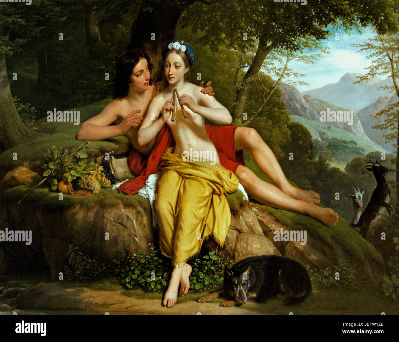 Daphnis et Chloe - Daphnis and Chloe di Louis Hersent 1777-1860 Francia Louvre francese Parigi, fine Art Museum, Francia, ( Daphnis e Chloe' è un romanzo pastorale greco, probabilmente scritto nel II o III secolo d.C. da Longus, che racconta la storia di due fondatori cresciuti come pastori che si innamorano e sperimentano varie avventure. È considerato un precursore del romanzo moderno, noto per il suo ambiente idilliaco, l'esplorazione del giovane amore e l'influenza sulle opere successive nell'arte e nella musica. Foto Stock