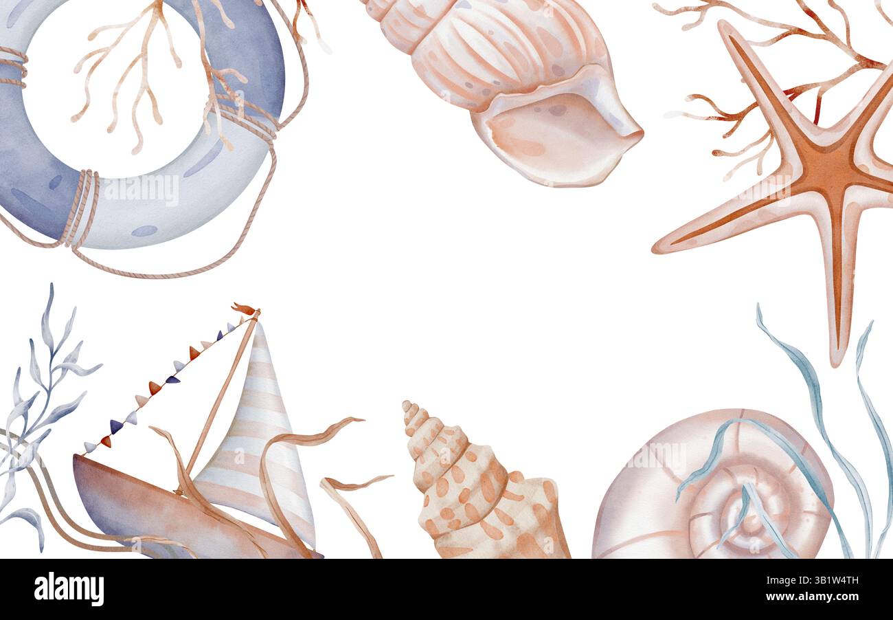 Cornice rettangolare subacquea con coralli, alghe e conchiglie. Illustrazione ad acquerello disegnata a mano Sea boat e salvagente e stella per il mare o l'estate Foto Stock