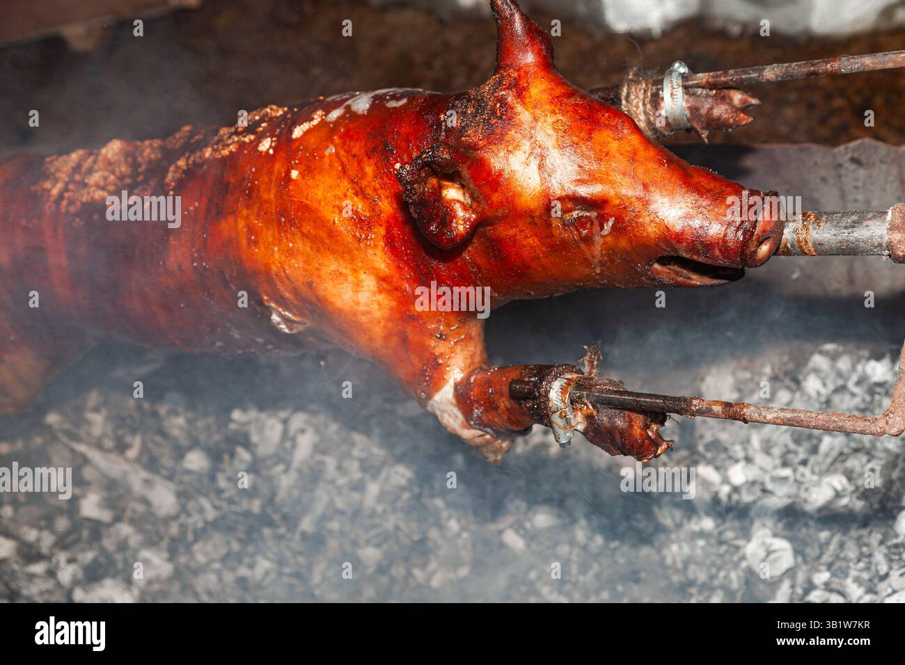 Un giovane maiale viene arrostito con uno sputo sopra i carboni. Foto Stock