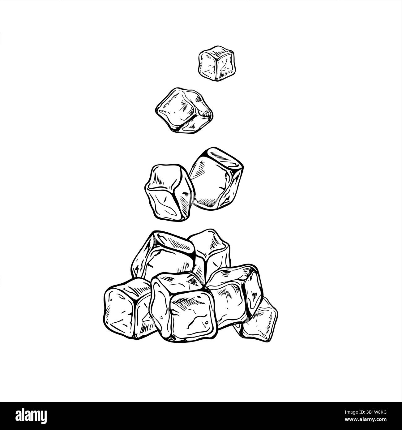 Illustrazione dei cubetti di ghiaccio dinamici che cadono in pile vettoriali. Disegni a cubetti d'acqua congelati in bianco e nero. Mattoni congelatori in cristallo per etichette per bevande Illustrazione Vettoriale