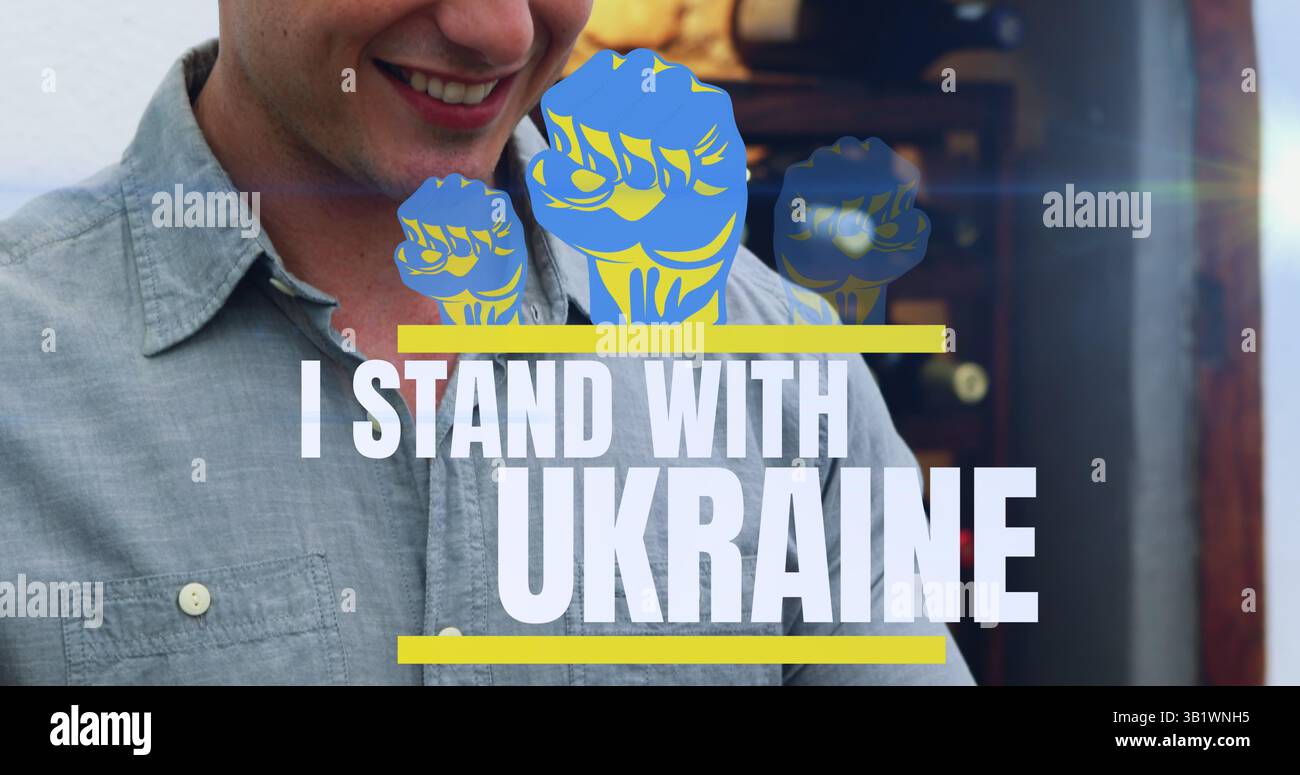 Immagine di io sto con il testo ucraina sull'uomo caucasico Foto Stock