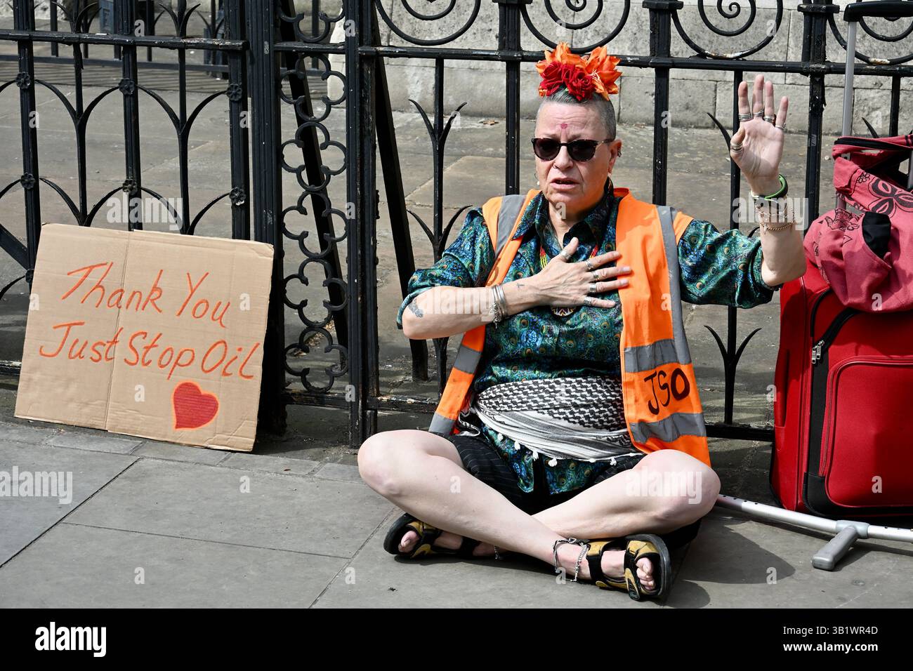 Londra, Regno Unito. Basta fermare l'olio per un'ultima azione. I Just Stop Oil hanno tenuto la loro ultima marcia di oggi da St James Park alle Royal Courts of Justice, per celebrare il loro ultimo giorno di azione. Il gruppo sostiene che 3.300 attivisti sono stati arrestati dal 2022 per aver preso parte alle loro proteste, con 180 che vanno in prigione. Crediti: michael melia/Alamy Live News Foto Stock