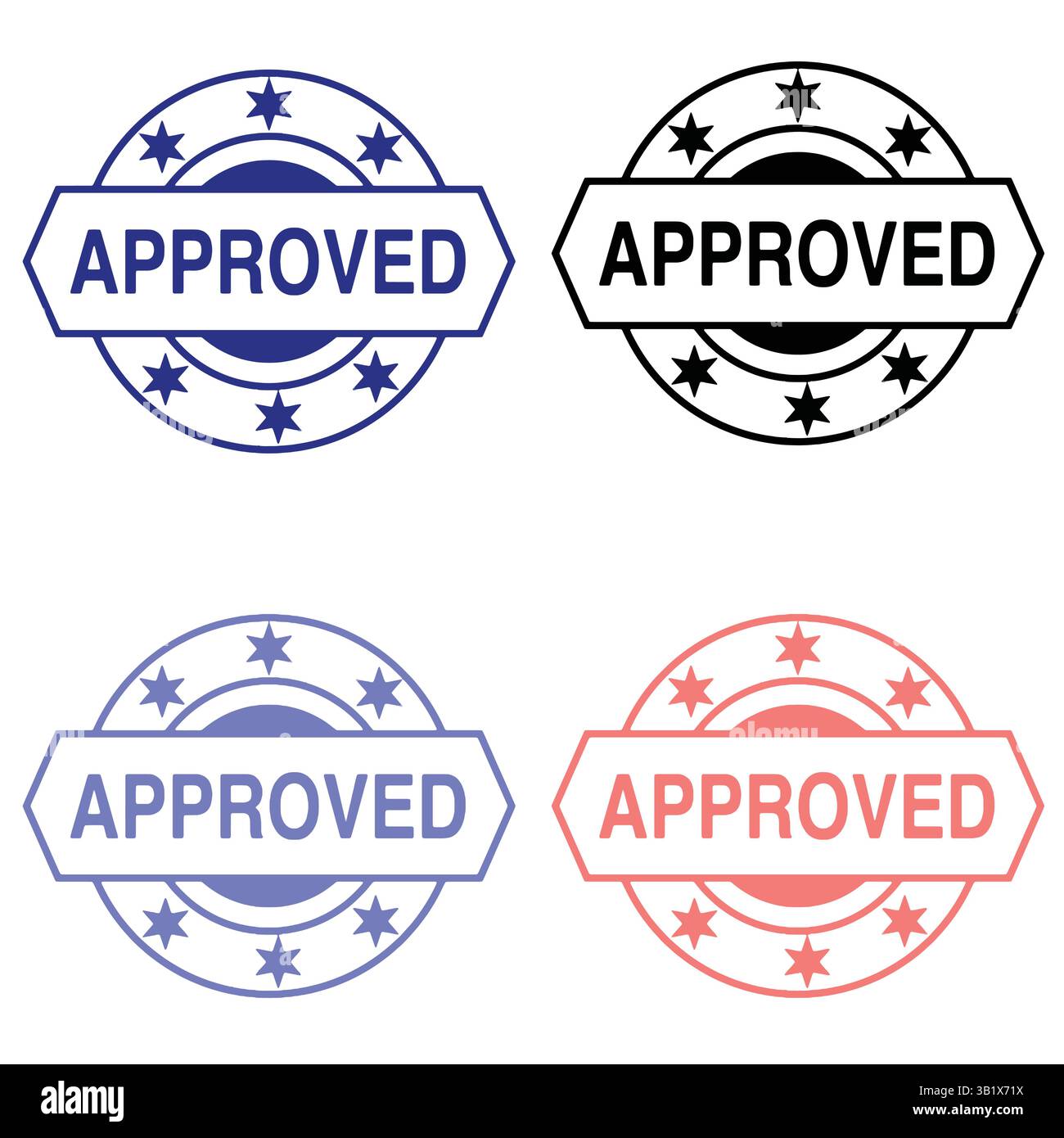Quattro francobolli "approvati" in diversi colori: Rosso, blu, nero e azzurro. Illustrazione Vettoriale