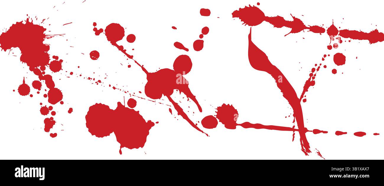 Vettoriale spruzzo di vernice rossa su sfondo bianco: Blot di inchiostro astratto Grunge, effetto Blood Spatter, gocce e macchie per temi horror, texture artistiche Illustrazione Vettoriale