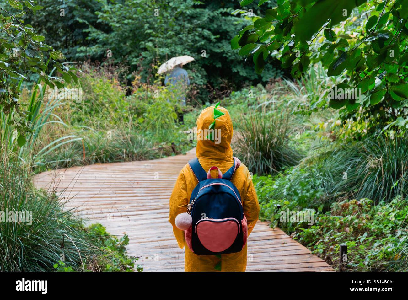 Il bambino in un colorato impermeabile cammina lungo la passerella nebbiosa della foresta verso un adulto, figura in lontananza, percorso simbolico di crescita e percorso di vita Foto Stock