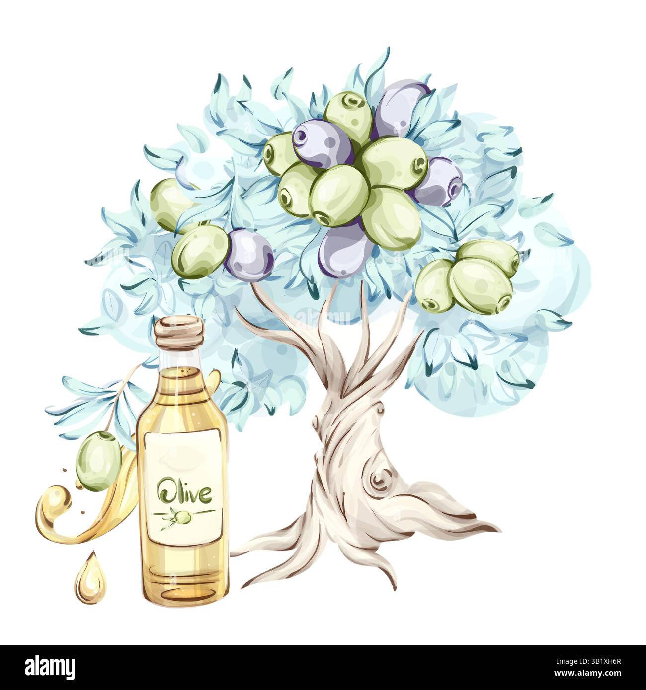 Illustrazione di olive e olio d'oliva che mettono in risalto la cucina italiana e la natura nella tecnica dell'acquerello Illustrazione Vettoriale