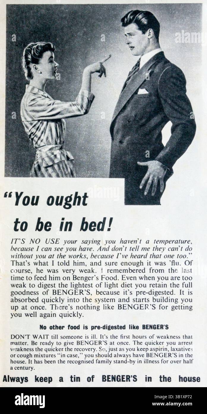 Pubblicità della rivista degli anni '1950 per Benger's Food, supplemento alimentare. Foto Stock