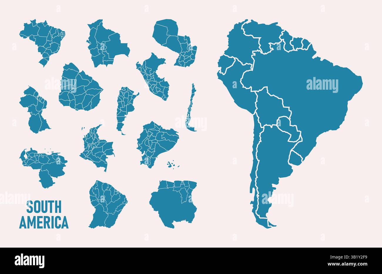 Impostare la mappa isolata del Sud America su sfondo bianco. Alto dettaglio, con bordo. Brasile, Perù, Venezuela, Paraguay, Argentina, Colombia, Ecuador, Cile Illustrazione Vettoriale