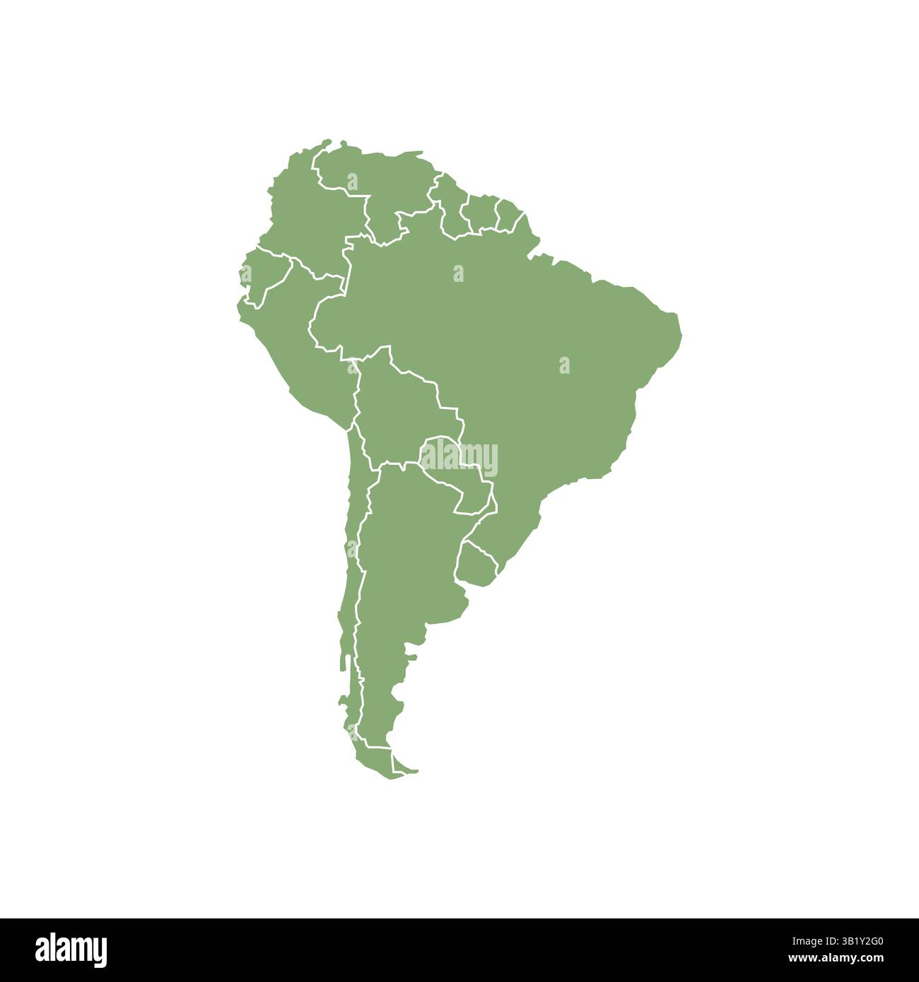 Silhouette verde mappa del Sud america con stati isolati su sfondo bianco altezza detalata Illustrazione Vettoriale