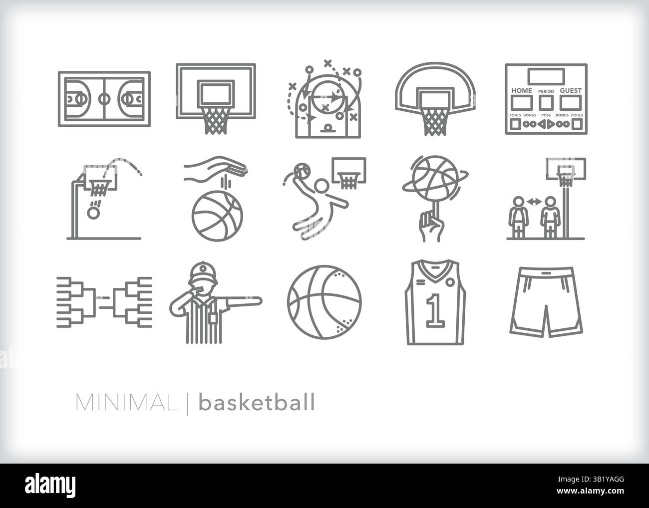 Set di 15 icone della linea da basket di attrezzature sportive, simbolismo, abbigliamento e temi che celebrano in campo o come gioco di raccolta Illustrazione Vettoriale