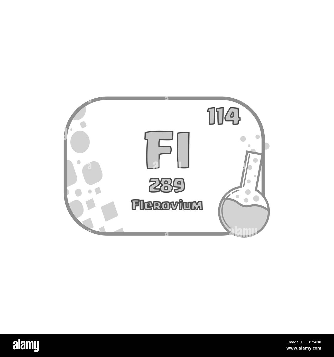 Elemento chimico flerovio. Numero atomico: Cento quattordici. Vettore simbolo FL. Immagine del pallone da laboratorio. Illustrazione Vettoriale