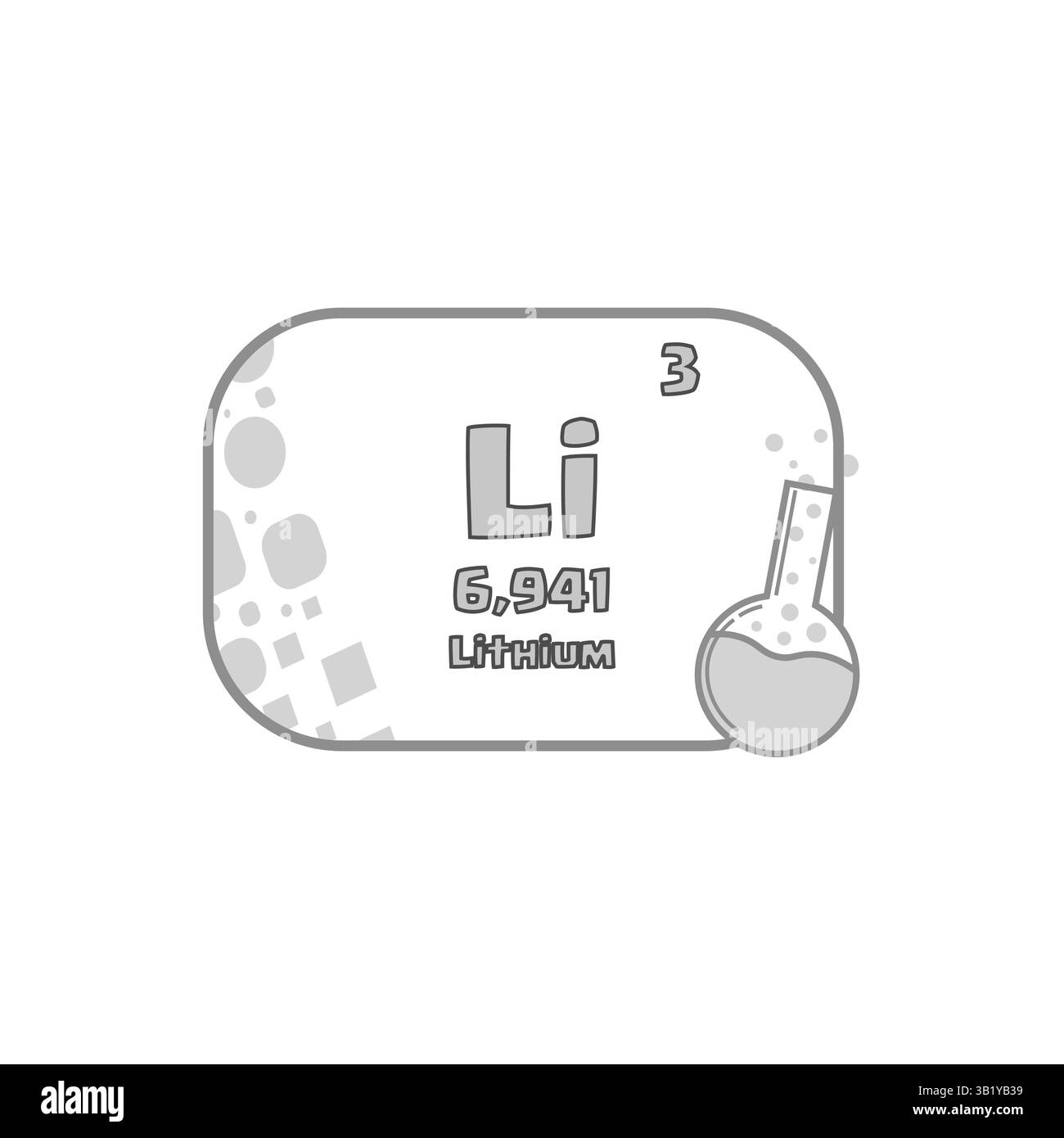 Icona dell'elemento al litio. Atomico numero tre. Blocco vettoriale LI. Grafico chimico grigio. Illustrazione Vettoriale