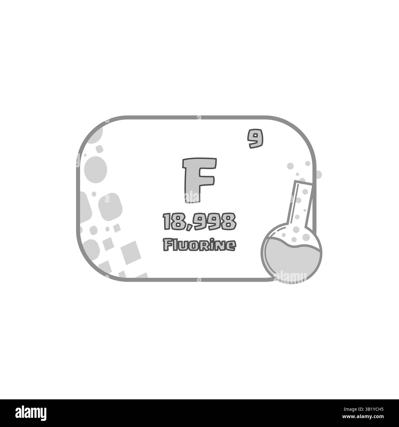 Simbolo chimico F. Icona elemento fluoro. Atomico numero nove. Blocco di scienza vettoriale. Illustrazione Vettoriale