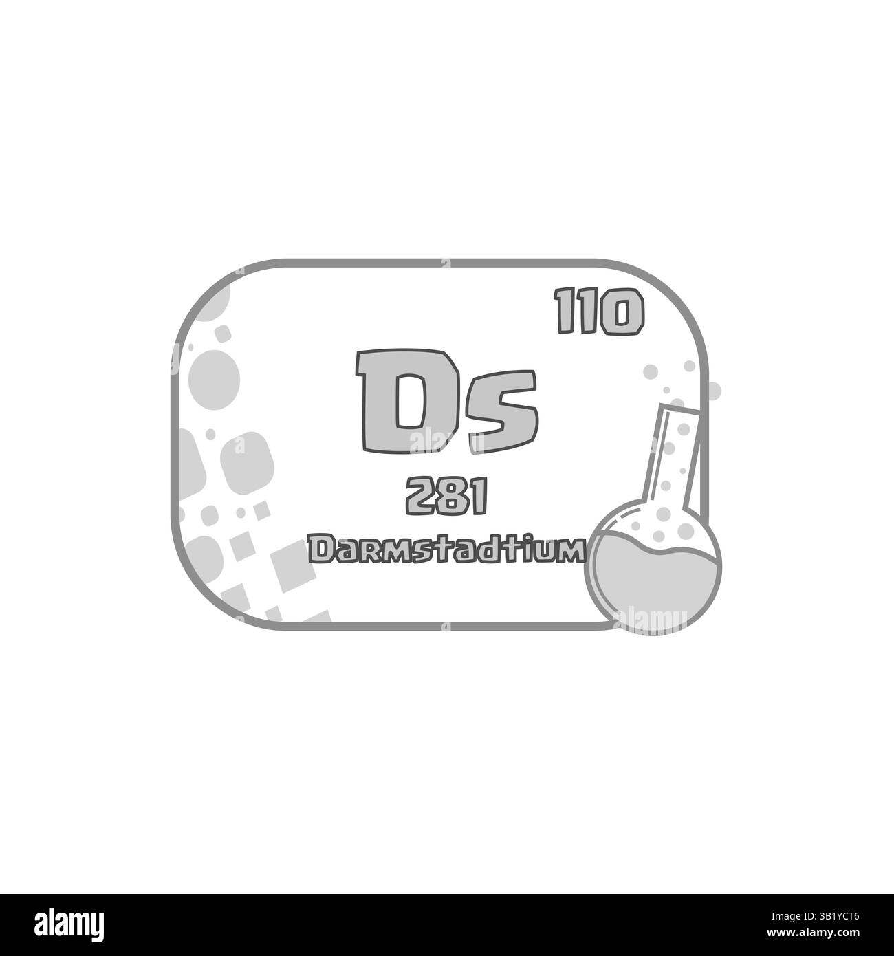 Elemento chimico Darmstadtium. Atomico numero cento e dieci. Vettore simbolo DS. Immagine del pallone da laboratorio. Illustrazione Vettoriale