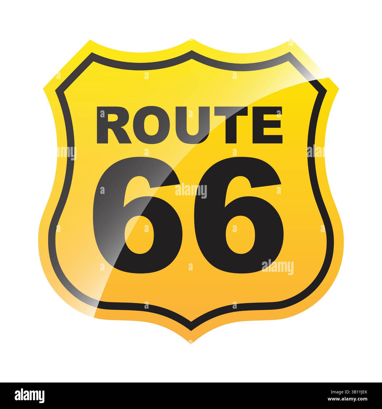 Insegna storica della Route 66: Iconico scudo stradale giallo americano, famoso simbolo di viaggio per viaggi di fondo, avventure e viaggi su strada Illustrazione Vettoriale