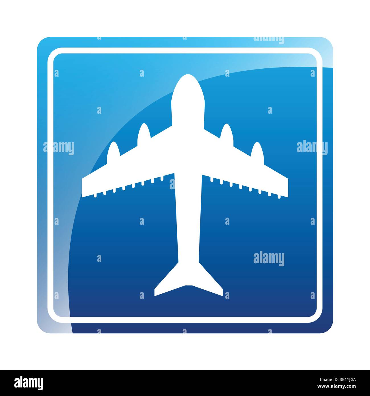 Cartello di direzione dell'aeroporto - sfondo blu con l'icona dell'aeroplano bianco che indica il viaggio aereo, la zona di volo, la posizione dell'aeroporto, i trasporti e il terminal Illustrazione Vettoriale