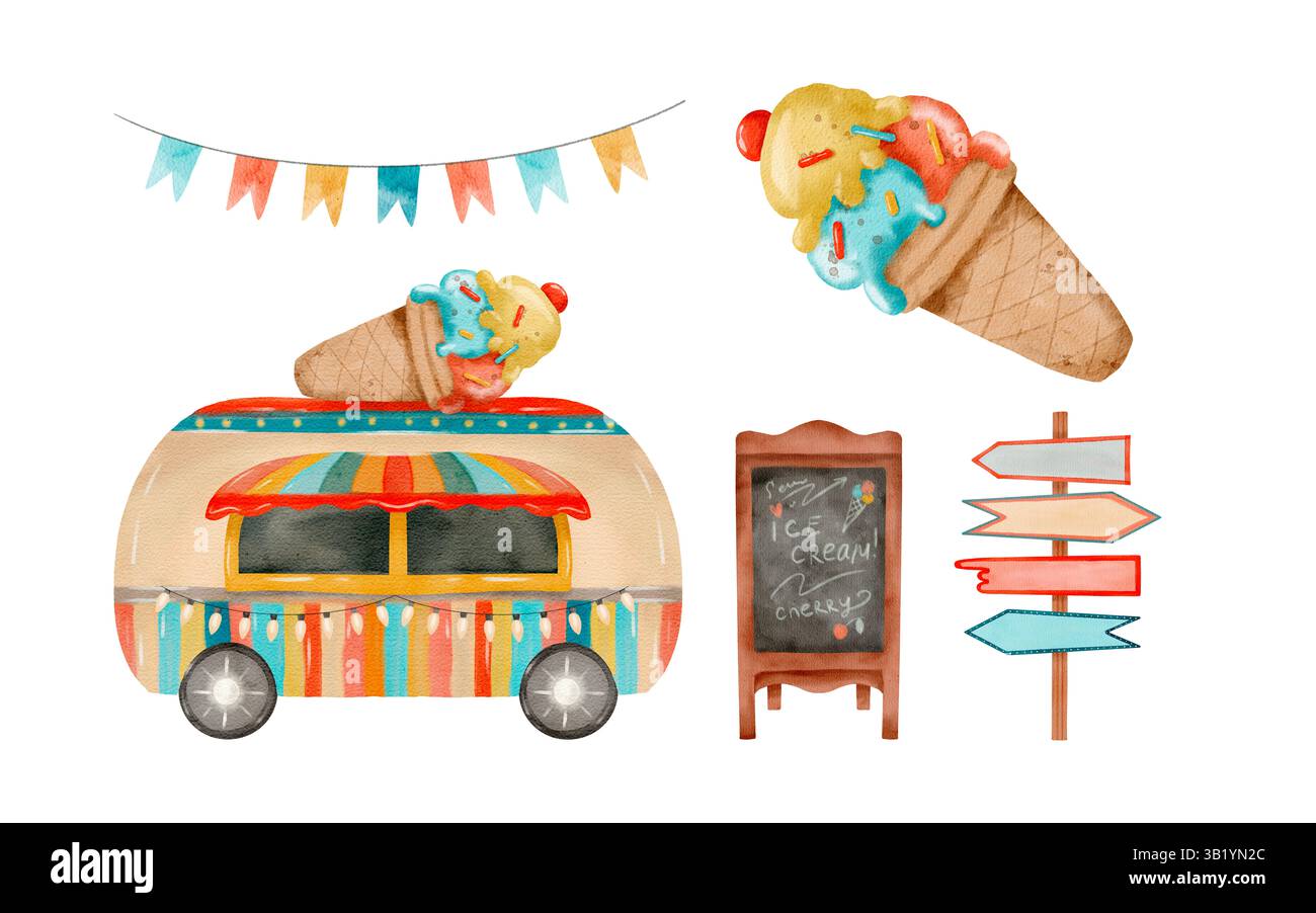 Un affascinante camion del gelato adornato da coni colorati e striscioni vivaci, perfetto per vivaci disegni estivi. Set di clip art colorate ad acquerello isolate disegnate a mano su sfondo bianco. Foto Stock