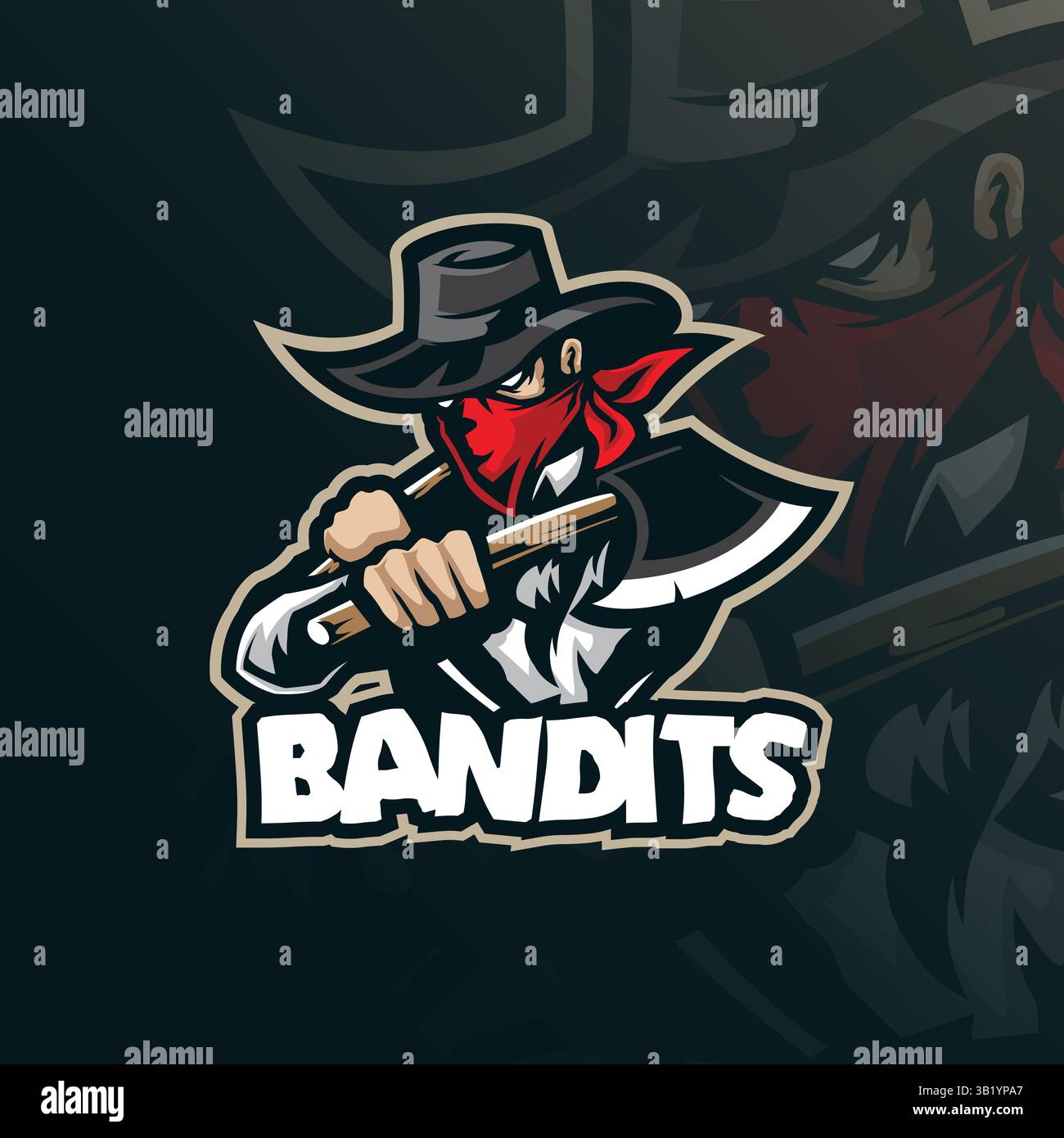 Design vettoriale del logo della mascotte bandits con un moderno stile di illustrazione per la stampa di badge, emblemi e t shirt. Illustrazione dei banditi con l'ascia in mano. Illustrazione Vettoriale