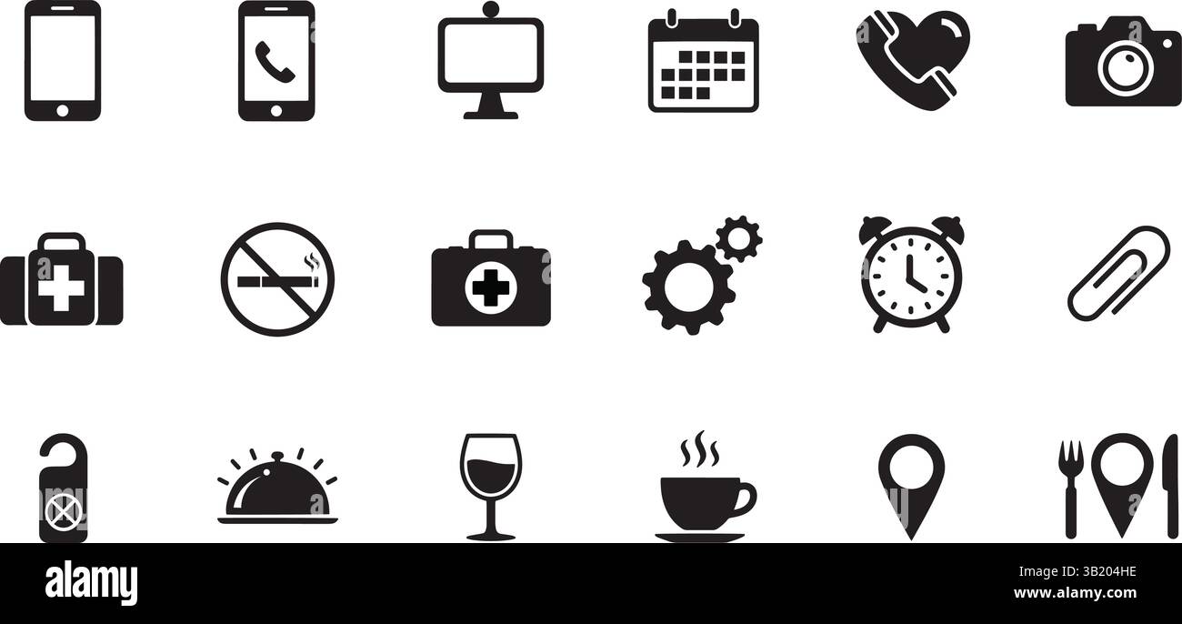 Set di icone in bianco e nero minimalista con simboli universali per la comunicazione, la salute, il tempo, il cibo e la posizione, perfetto per un design moderno Illustrazione Vettoriale