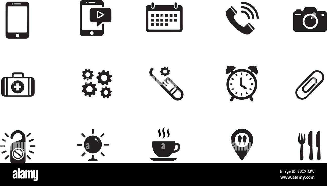 Set di icone vettoriali nero grassetto su sfondo bianco tra cui smartphone, calendario, chiamate telefoniche, fotocamera, kit medico, orologio, sole, tazza di caffè, posizione Illustrazione Vettoriale