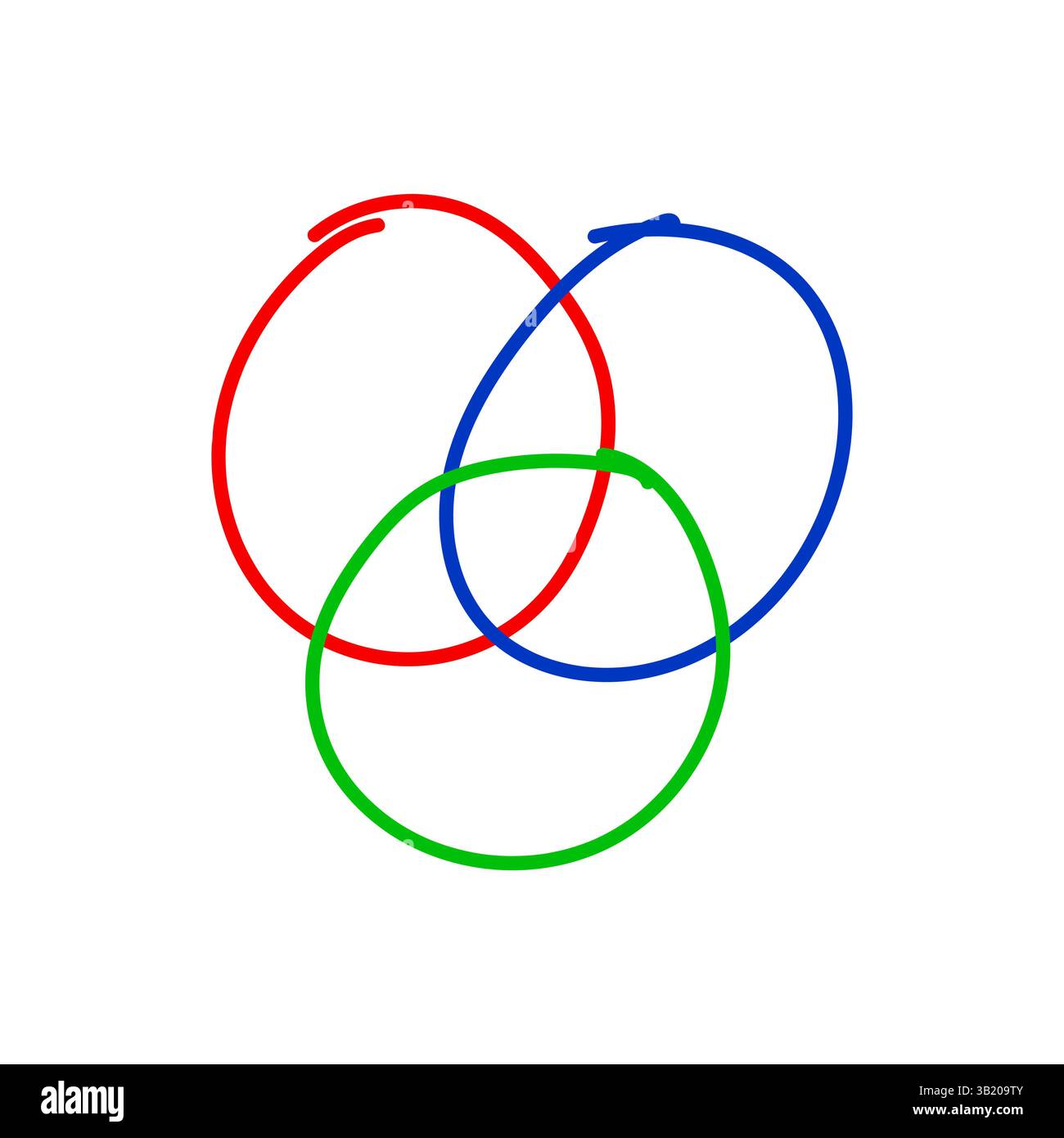 Diagramma Venn disegnato a mano con tre cerchi di colore: Rosso, blu e verde. Illustrazione Vettoriale