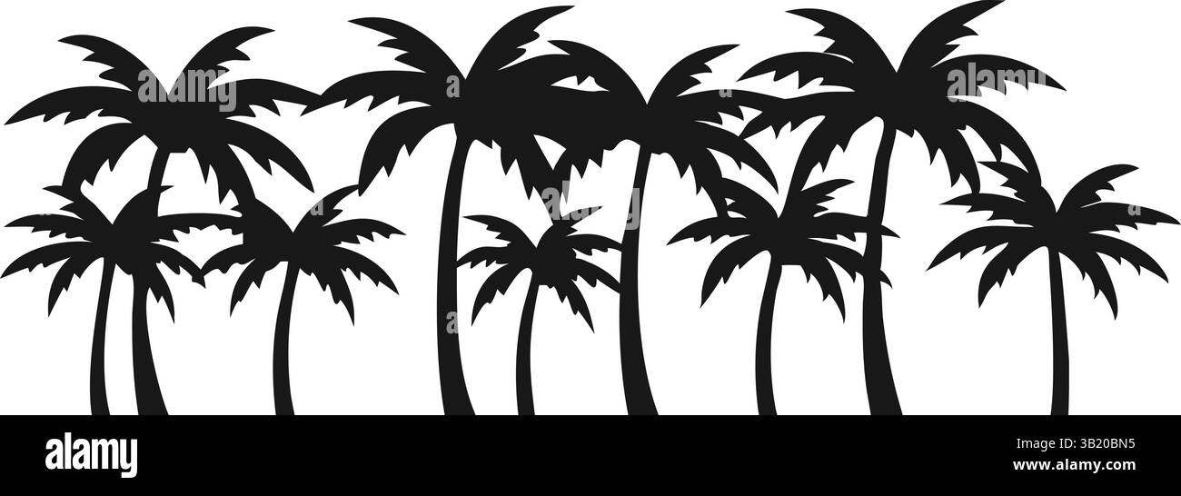 Set vettoriale con silhouette di alberi di palma tropicale: Profili esotici di spiaggia e isola Illustrazione Vettoriale