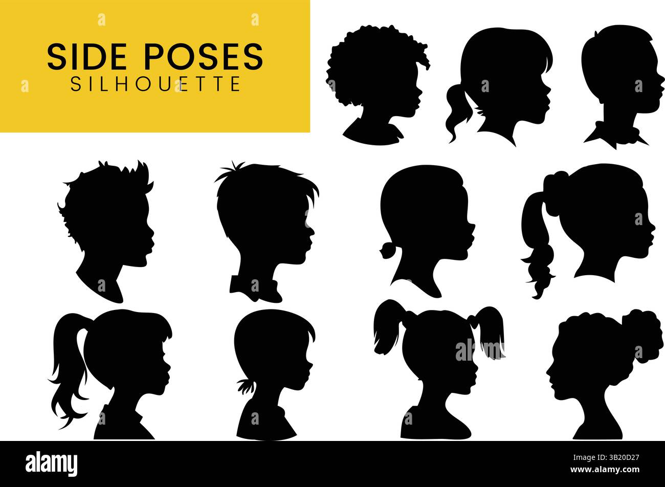Persone diverse volti silhouette profilo vettoriale: Uomo, donna, bambino profili testa per Avatar e Design Illustrazione Vettoriale