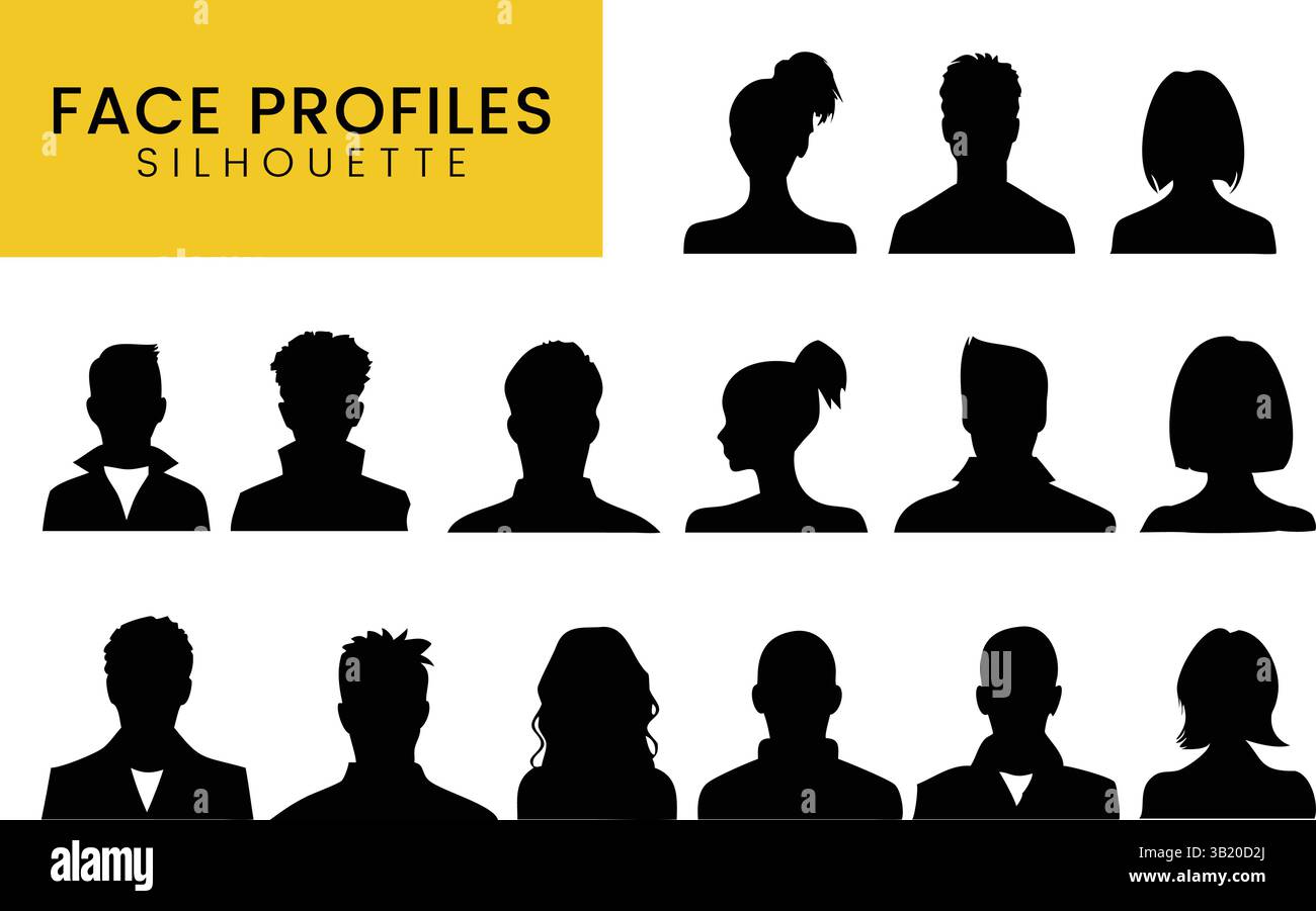 Persone diverse volti silhouette profilo vettoriale: Uomo, donna, bambino profili testa per Avatar e Design Illustrazione Vettoriale