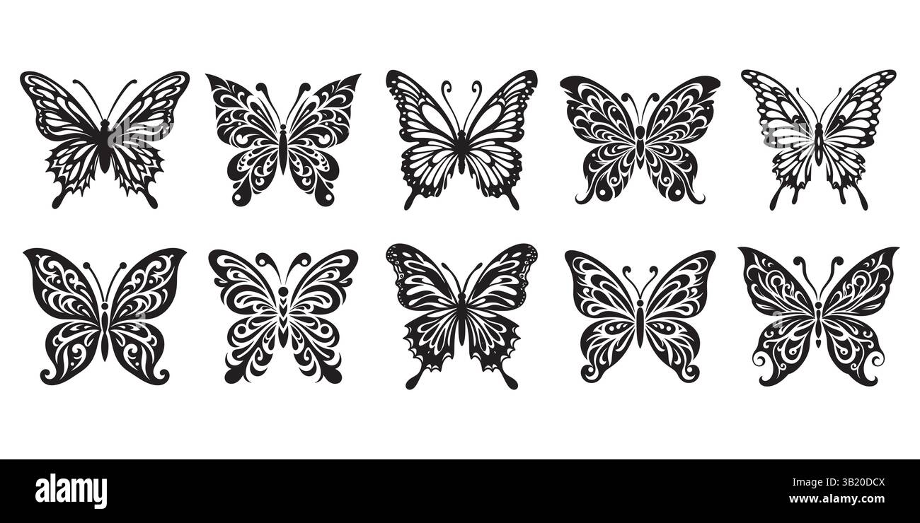 Set di vettori Black Butterfly - perfetto per tatuaggi, loghi, mestieri Illustrazione Vettoriale