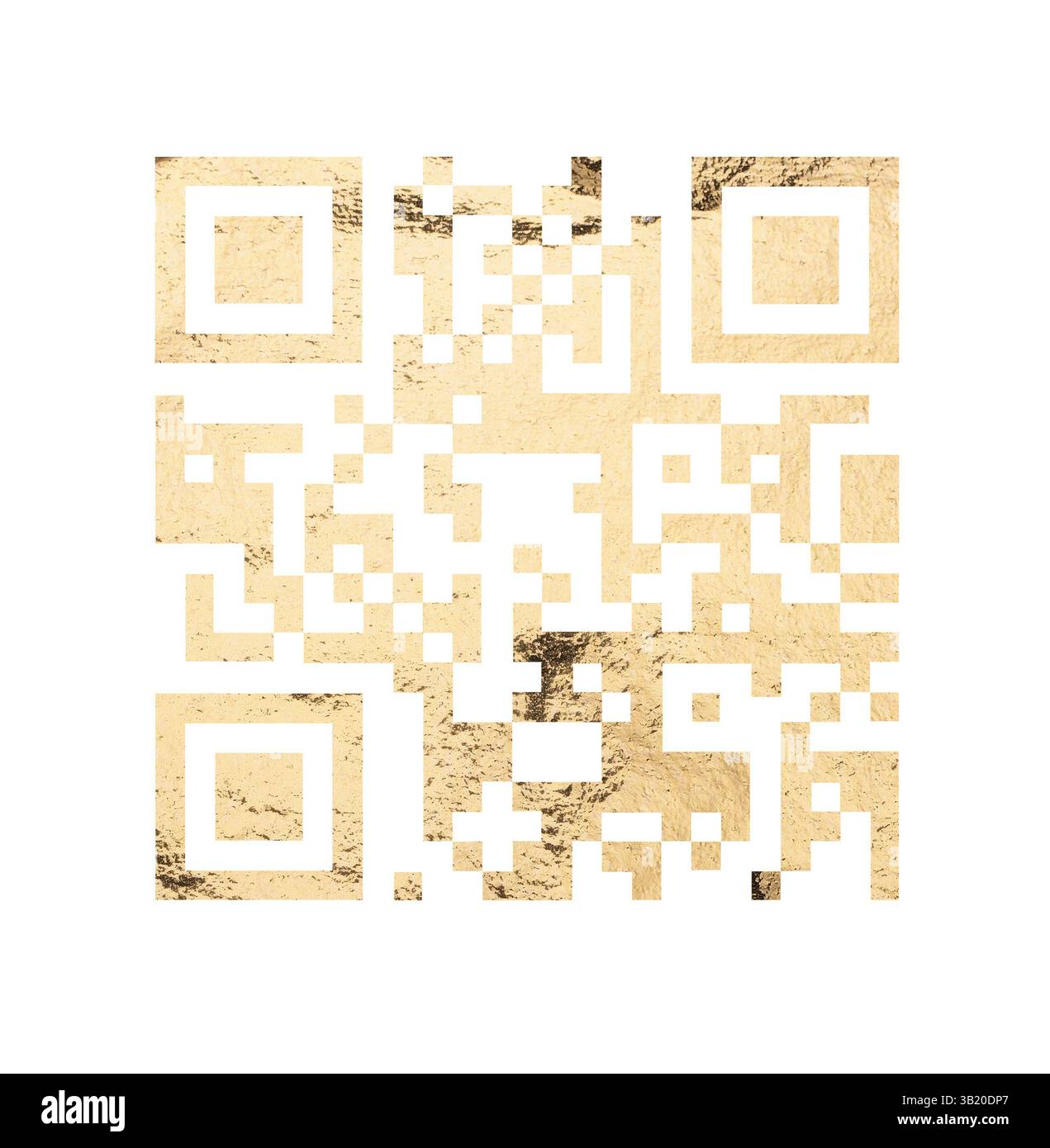 Codice QR con trama in lamina dorata. Elegante struttura quadrata per accesso digitale, pagamento, scansione mobile, etichette, tag, segno binario, condivisione internet, tecnologia Foto Stock