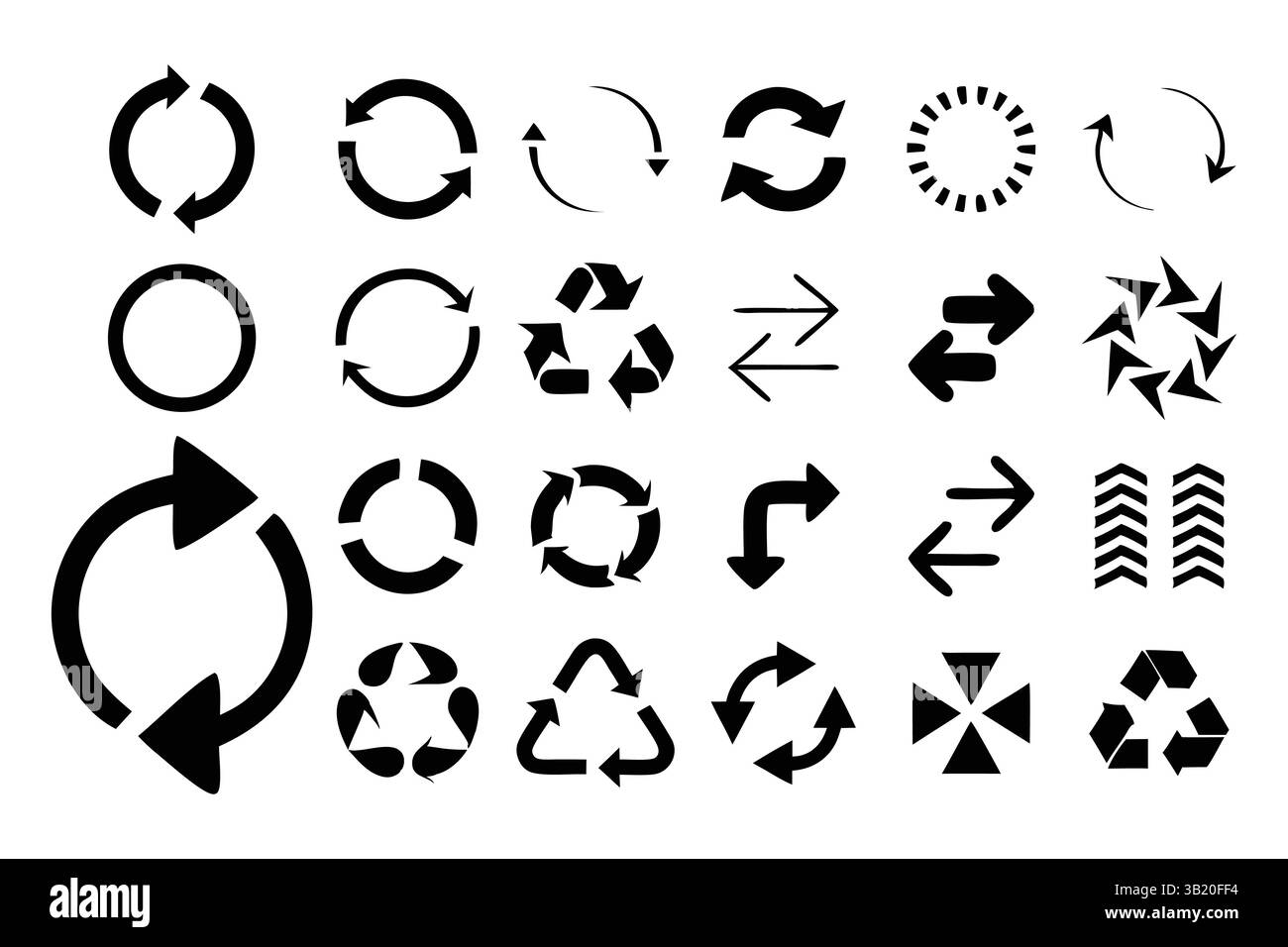 Icona riciclo nero impostata su sfondo bianco raccolta simboli ambientali illustrazioni grafiche vettoriali Illustrazione Vettoriale