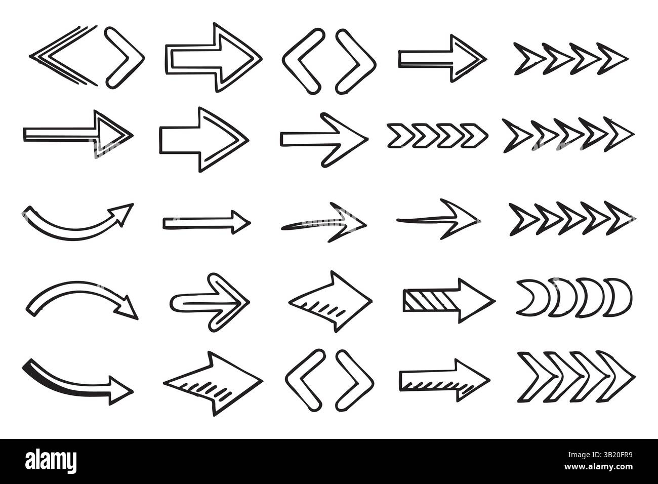 Contorno frecce disegnate a mano impostate nelle illustrazioni grafiche vettoriali stile doodle, contorno vettori realistici Illustrazione Vettoriale