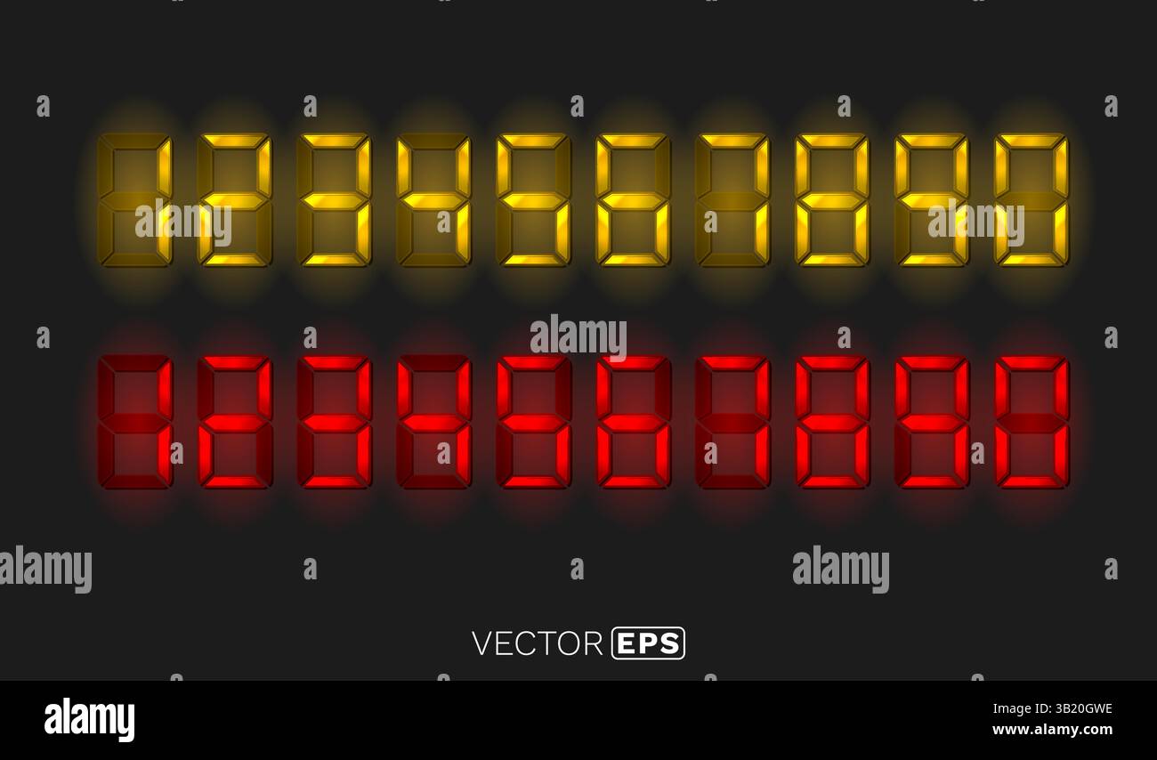 Numeri elettronici rossi e gialli su sfondo nero. Vettore Illustrazione Vettoriale