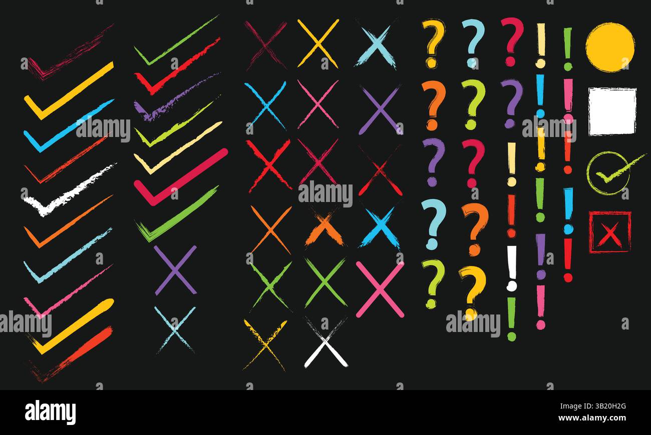 Segni di controllo del tratto del pennello grunge colorato, croci, punti interrogativi, punti esclamativi, simboli disegnati a mano Set di elementi astratti vivaci e voluminosi. Illustrazione Vettoriale