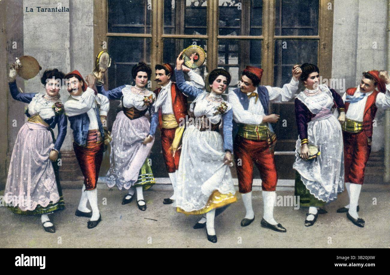 Tarantella danza tradizionale a Sorrento, Italia. Danza popolare italiana. cartolina vintage del 1900. Foto Stock