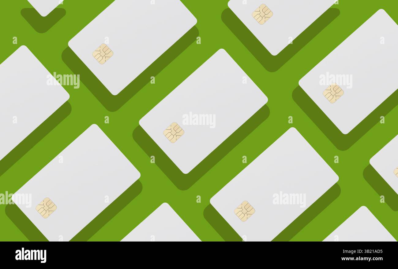 Carte bancarie in un design minimalista e contemporaneo con un tema verde ed ecologico. Carte che mostrano i servizi di credito, debito e cashback in un'unità Foto Stock