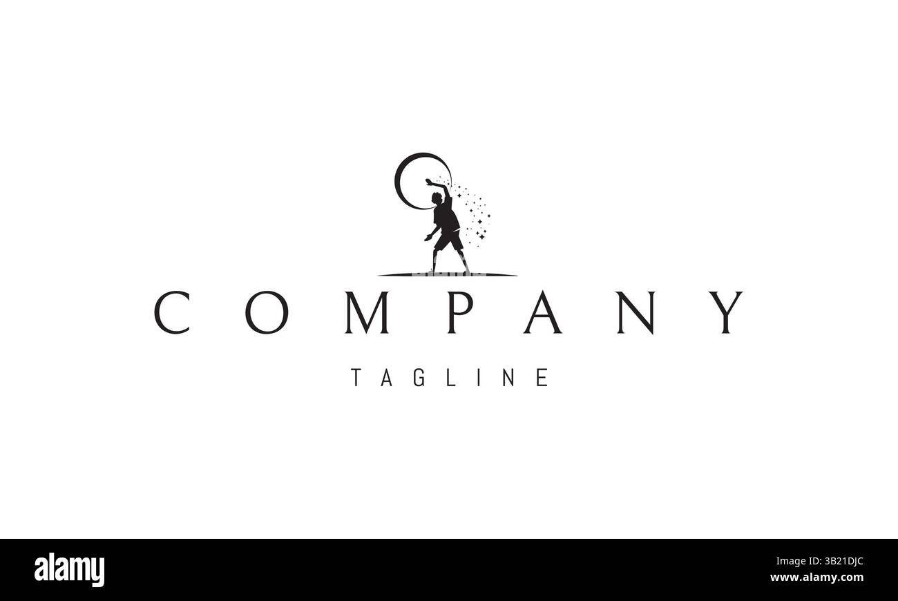 Logo vettoriale con un'immagine astratta di un bambino sullo sfondo della luna, dalle cui stelle a mano stanno versando. Illustrazione Vettoriale