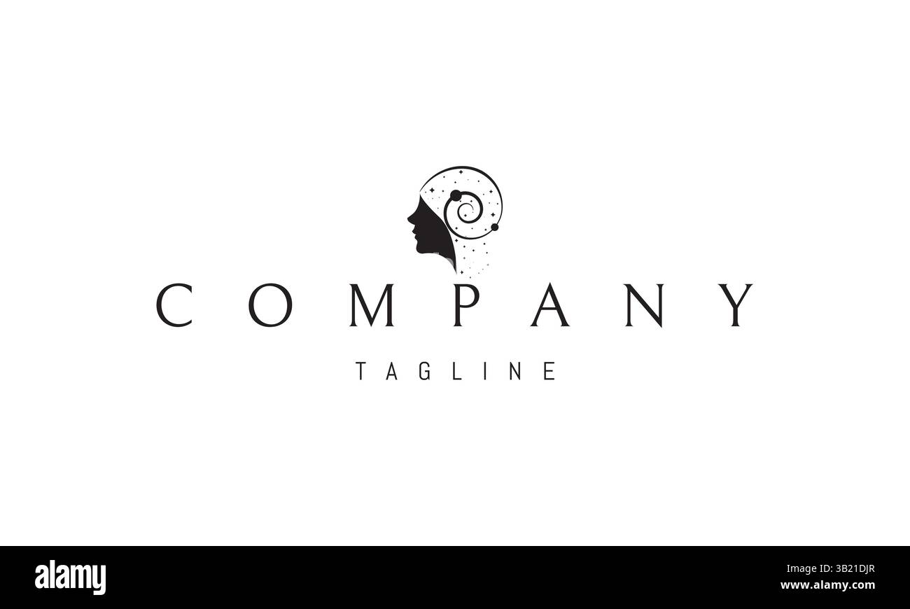 Logo vettoriale con un'immagine astratta di una testa di ragazze con l'universo nella sua testa. Illustrazione Vettoriale