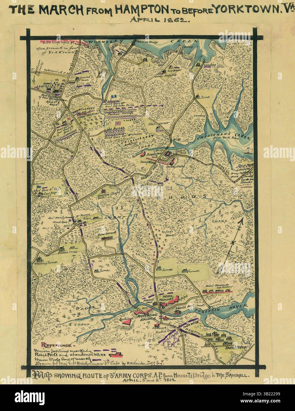 5 aprile 1862 - Yorktown, Virginia, Stati Uniti - marcia da Hampton a prima Yorktown. Mappa che mostra il percorso del 3rd Army Corps. A.P. da Howard's Bridge alla segheria, 5 e 6 aprile 1862. (Immagine di credito: © BuyEnlarge/ZUMAPRESS.com) Foto Stock