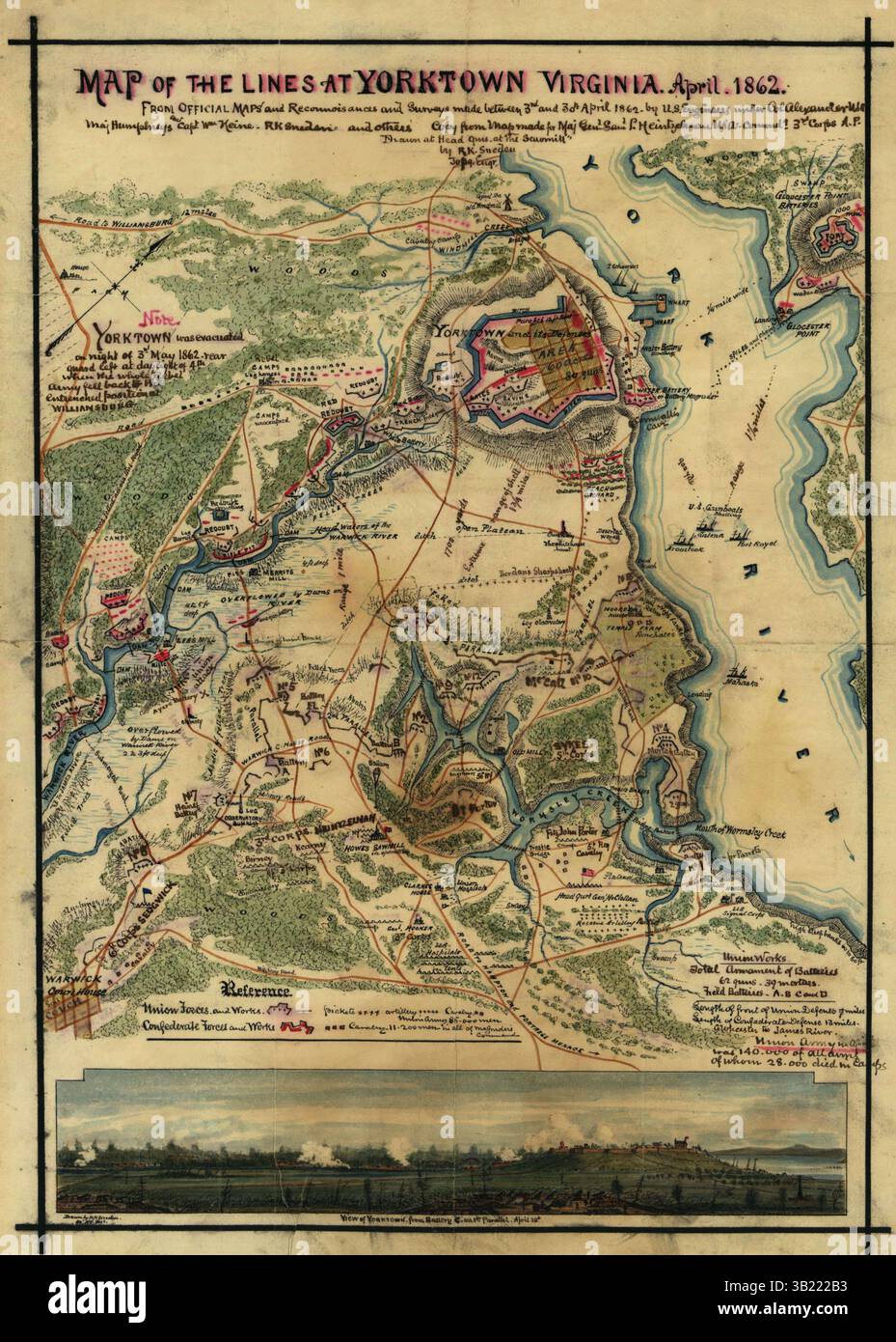 18 aprile 1862 - Yorktown, Virginia, Stati Uniti - Yorktown Siege - Mappa delle linee a Yorktown, Virginia, aprile 1862. Da mappe ufficiali e ricognizioni e indagini effettuate tra il 3 e il 30 aprile 1862 da ingegneri statunitensi sotto il colonnello Alexander U.S.A. Major Humphreys e il capitano WM. Heine, R.K. Sneden e altri. (Immagine di credito: © BuyEnlarge/ZUMAPRESS.com) Foto Stock