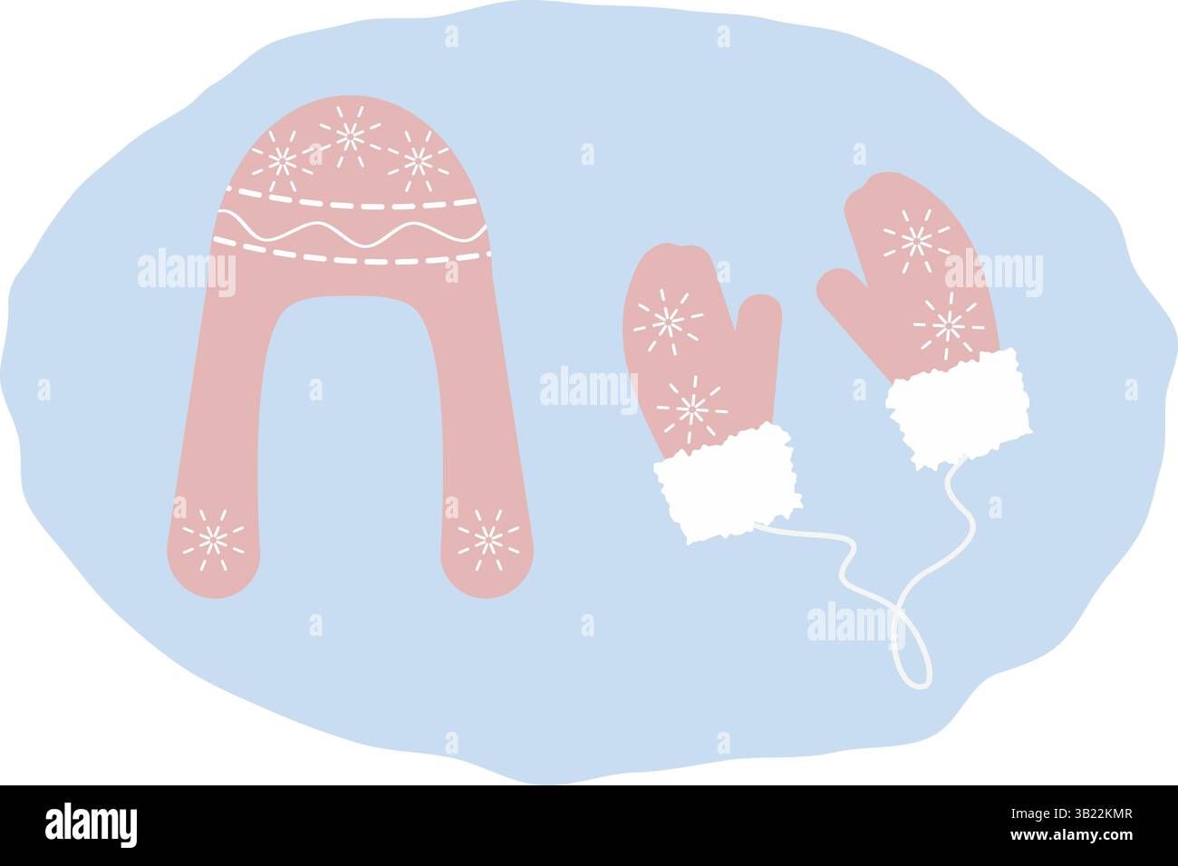 Cappello con patta auricolare e guanti in pelliccia decorati con fiocchi di neve set di abiti invernali rosa alla moda. Illustrazione di vettore isolato temi Folk delle festività invernali carte o opuscolo promozionale, banner, cartellino prezzi Illustrazione Vettoriale