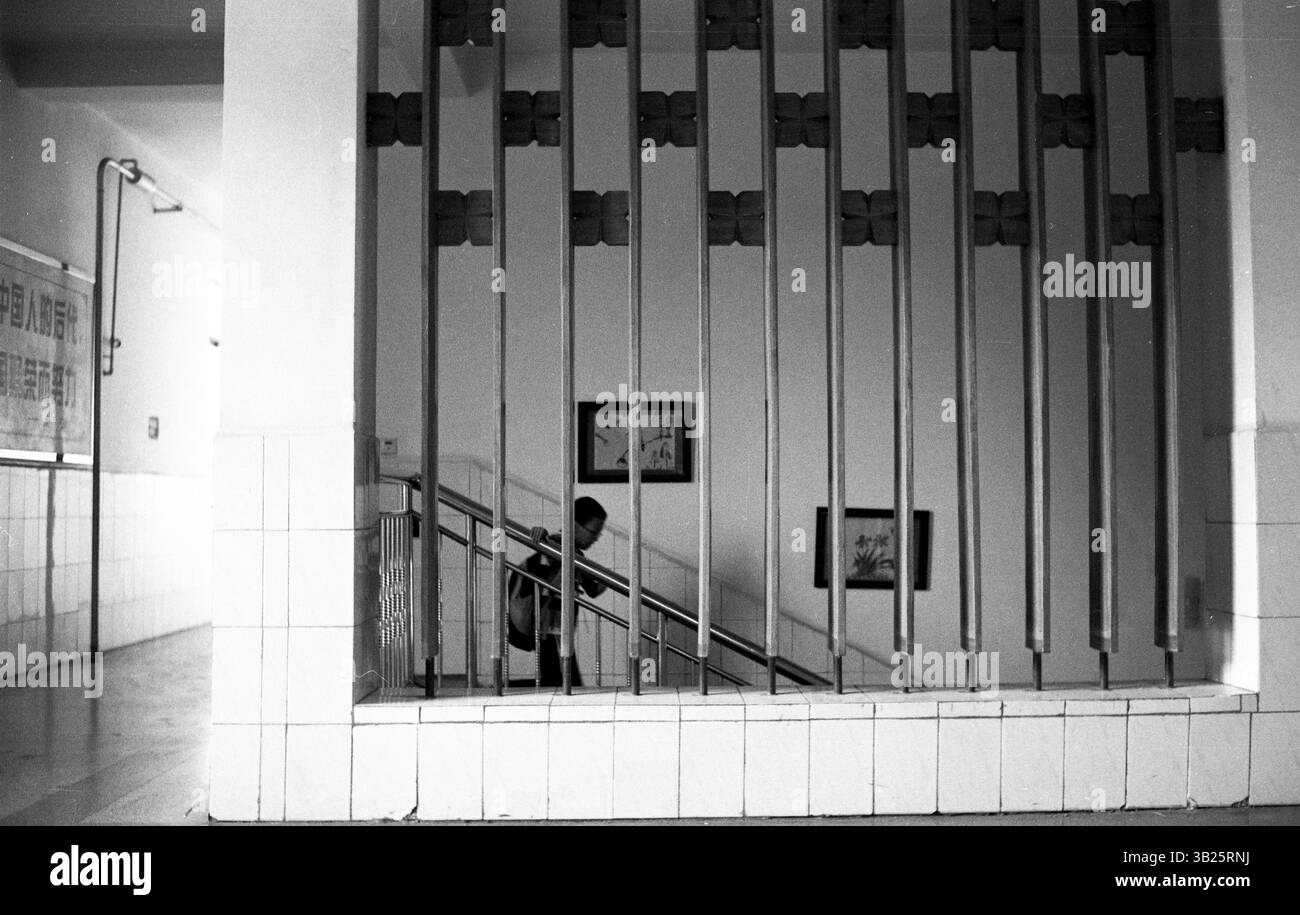 Interno di una scuola elementare cinese con studente su scale, bianco e nero, anni '2010 Foto Stock