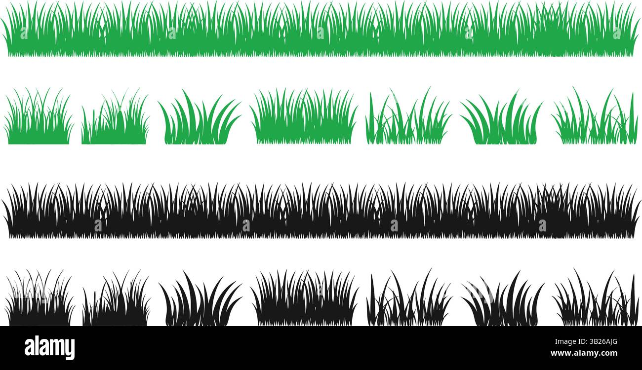 Set vettoriale di sagome di erba verde isolate su sfondo bianco illustrazione ecologica della natura per il design organico Illustrazione Vettoriale