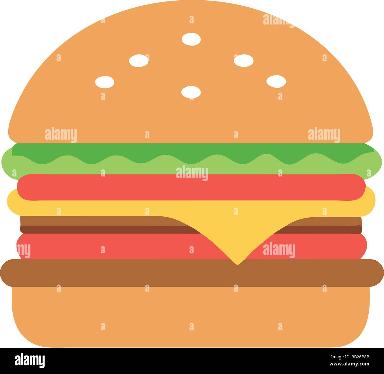 Vector, icona del cheeseburger con lattuga, pomodoro e panino di sesamo Illustrazione Vettoriale
