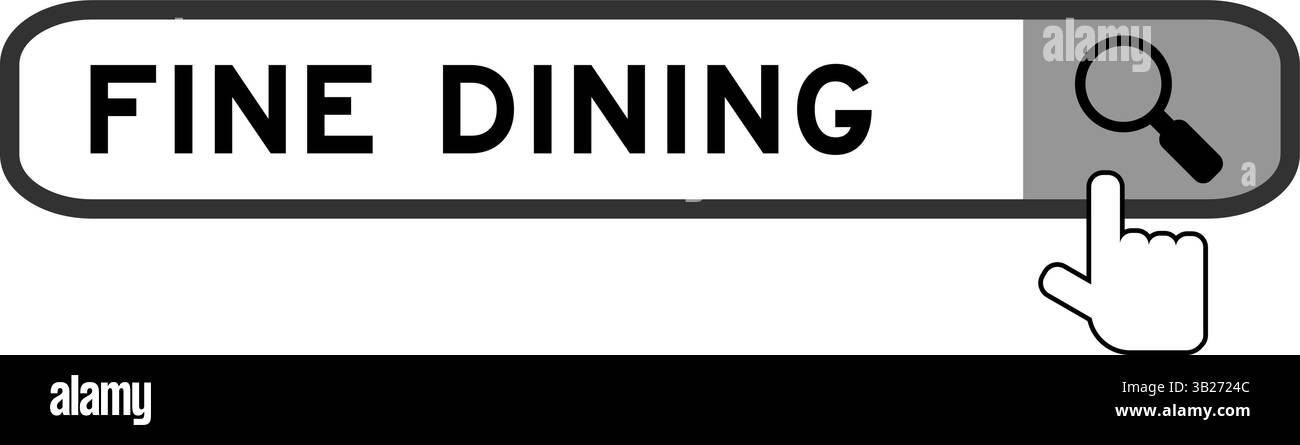 Cerca banner in Word fine Dining con l'icona della lente di ingrandimento a mano su sfondo bianco Illustrazione Vettoriale