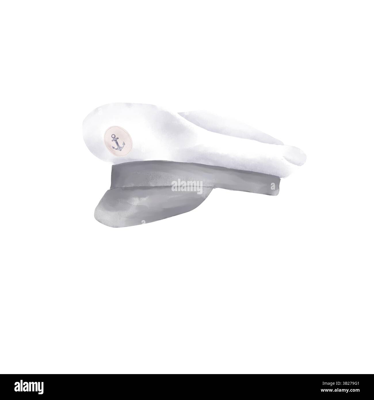Il cappello del capitano della Marina. Illustrazione acquerello. Berretto da marinaio con stemma di ancoraggio sopra la visiera, isolato su sfondo bianco. Capt Foto Stock
