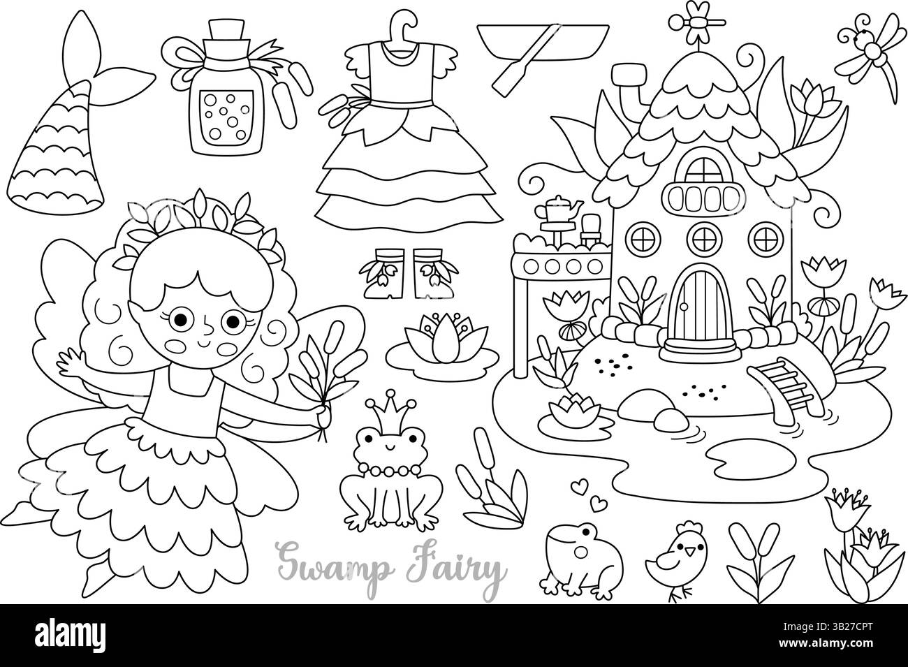Set di clipart fata Vector in bianco e nero. Carine icone di linea femminile. Woodland Princess Collection. Fantasia, illustrazioni della foresta fiabesca. Magica cre Illustrazione Vettoriale