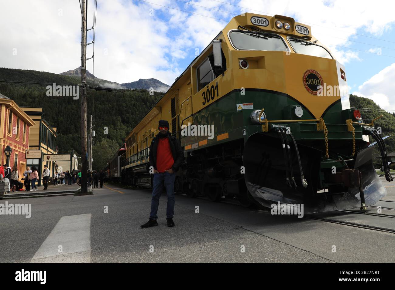 White Pass e Yukon Route, ferrovia a scartamento ridotto di classe III canadese e statunitense collega Skagway a Whitehorse, Yukon. Locomotiva White Pass. Foto Stock