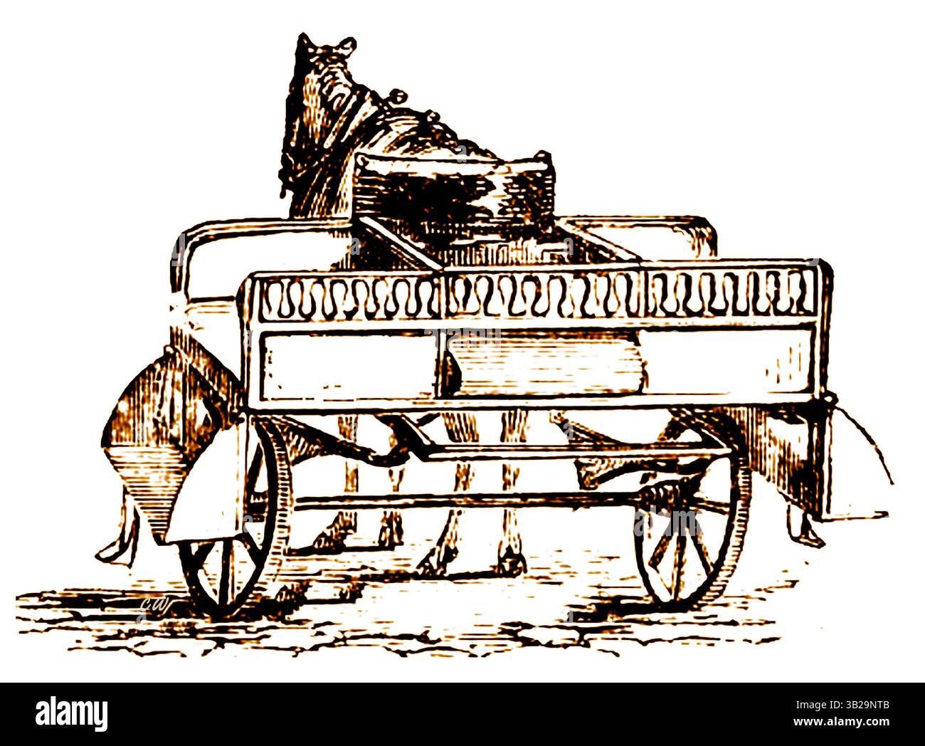 Vista posteriore dal 1871 di un carretto irlandese o di un'auto da corsa. Il carro a due ruote fu introdotto in Irlanda da Charles Bianconi, un imprenditore italiano dei trasporti che in effetti avviò il primo sistema di trasporto irlandese. Il veicolo colloca i passeggeri che guardano lateralmente sopra le ruote, seduti indietro su ciascun lato. Una variante nota come auto con sbalzo interno ha i sedili rivolti verso l'interno. A volte era conosciuta come un'auto da diporto. --Radharc Cúil ó 1871 ar Chairt Taistil Éireannach nó ar charr taistil. Tugadh isteach go hÉirinn é ag Charles Bianconi, fiontraí iompair Iodálach. Foto Stock